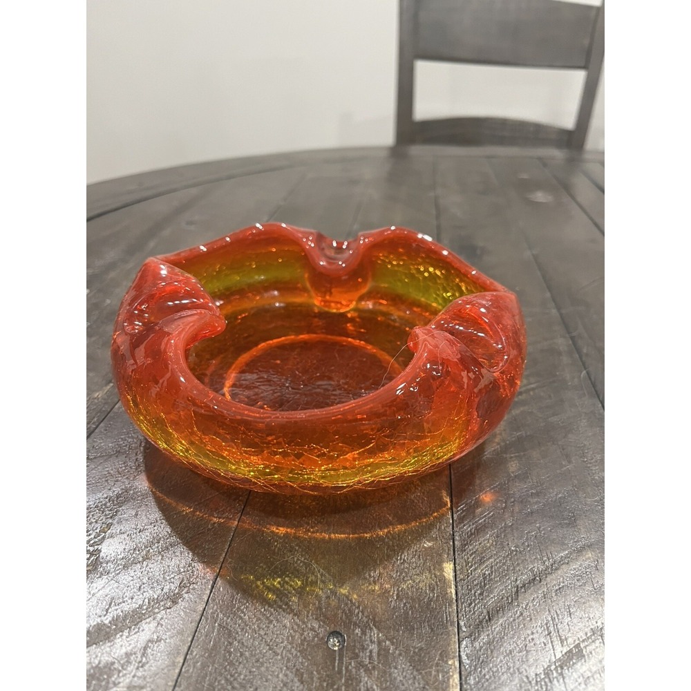 Viking Cigar Ashtray Key Bowl Crackle Art Glass Amberina Orange Vintage MCM